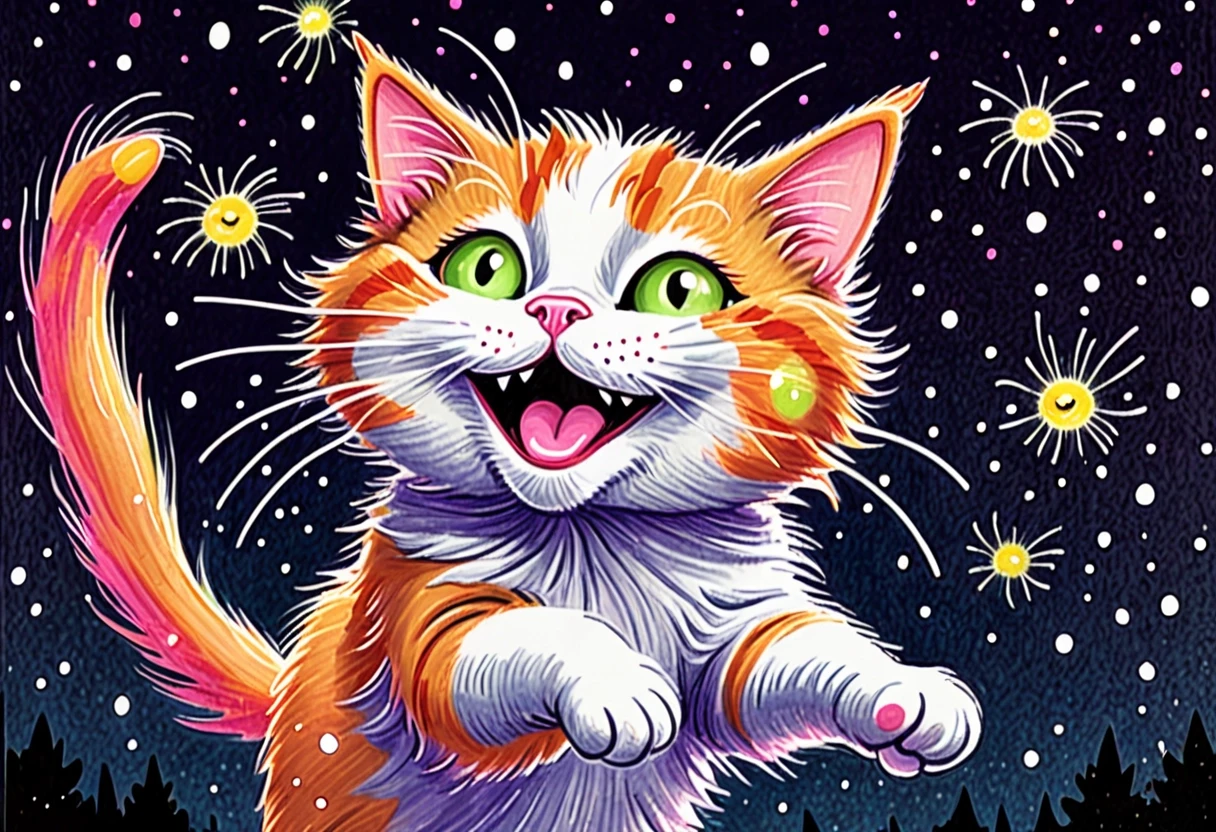A children's crayon and marker drawing of a cute fluffy orange and white cat with big round sparkling eyes, pink nose, rosy cheeks and a joyful open-mouthed smile, leaping…