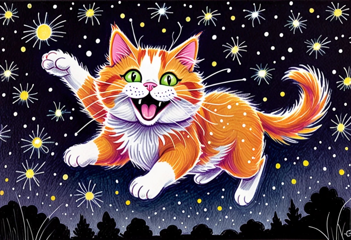 A children's crayon and marker drawing of a cute fluffy orange and white cat with big round sparkling eyes, pink nose, rosy cheeks and a joyful open-mouthed smile, leaping…