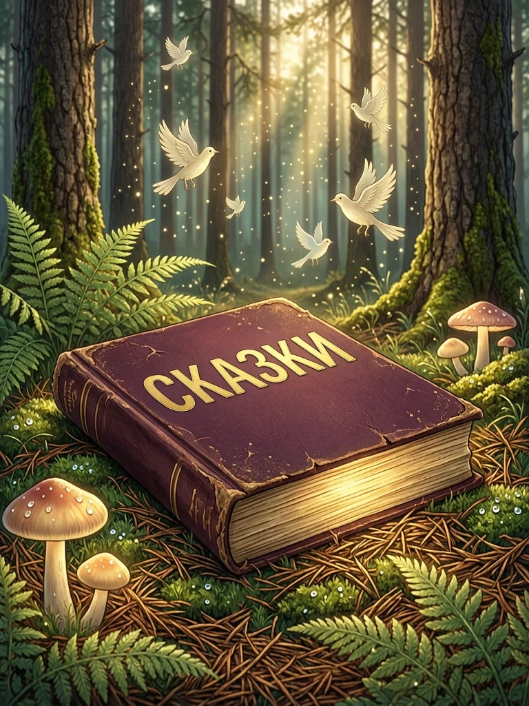 Старинная книга сказок лежит на мшистой поляне в густом лесу. На обложке крупными буквами выведено слово «СКАЗКИ» — золотым тиснением, с лёгким рельефом и едва заметной патиной,…