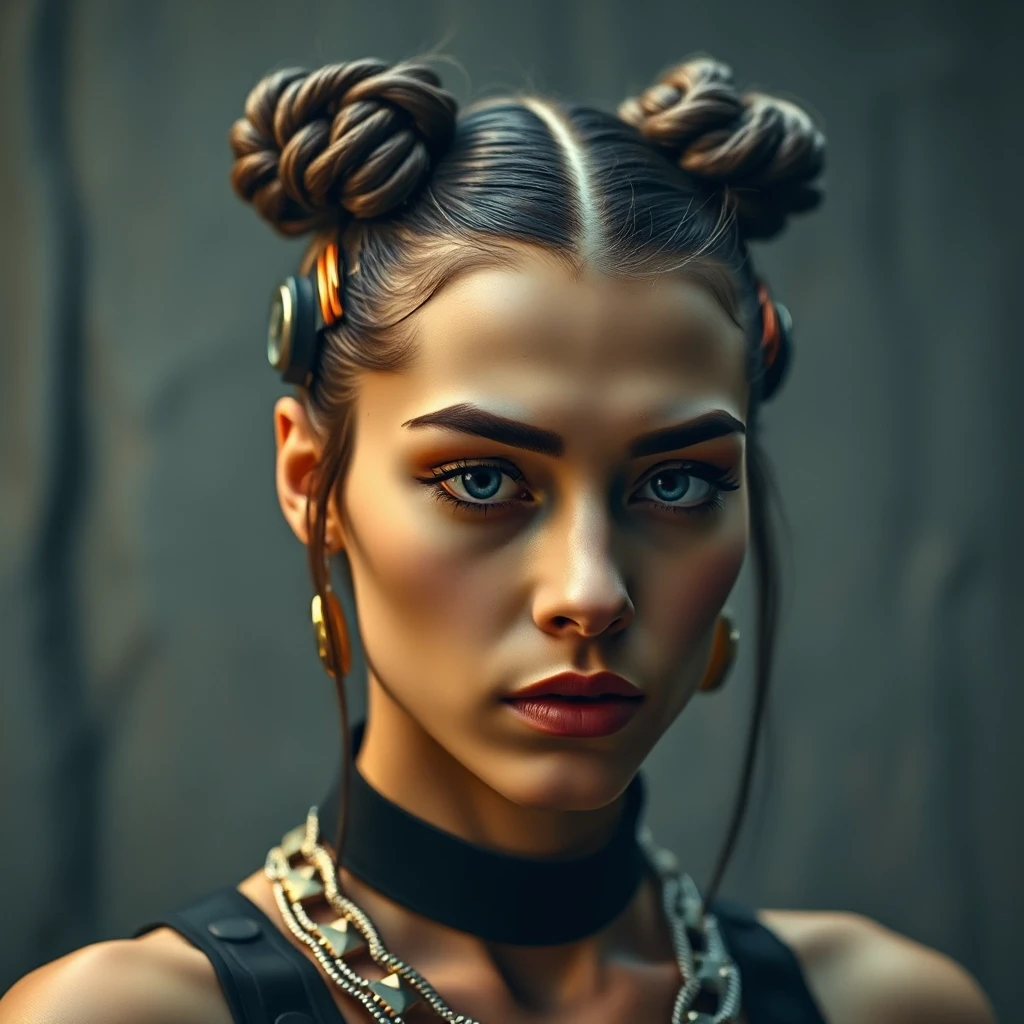 designed by Dimitra Milan, Romaine Brooks, close up of a Nerdy Sarah Kerrigan, she has Space buns hairstyle, deep focus, Depressing, Nanopunk, Indirect light, Iphone X, L USM,…