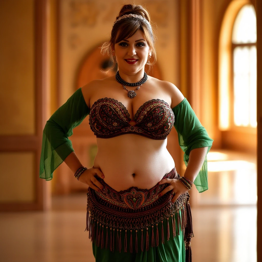 front view chubby belly dancer fifty years woman in green costume brown short ponytail hair stand in hall — работа пользователя Прекрасная Мантикора