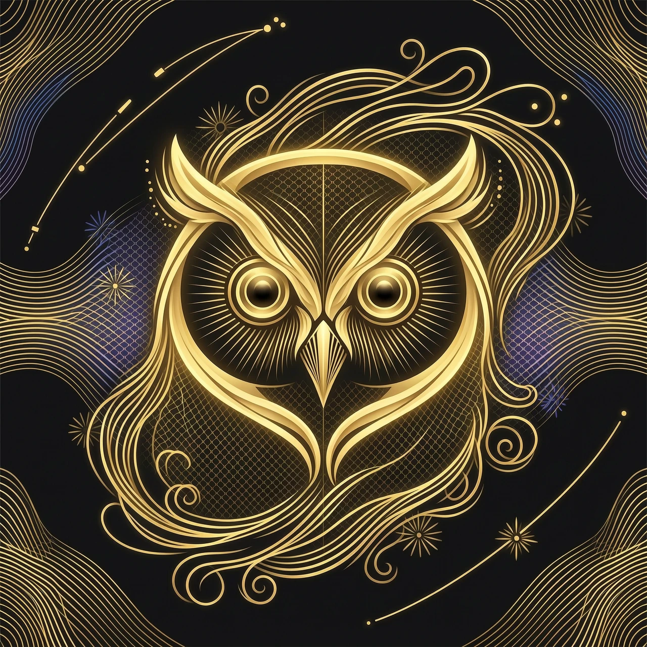 A minimalistic digital illustration of a owl, front view, created with elegant fluid golden lines and glowing dynamic wave patterns, intricate mesh and wireframe textures,…
