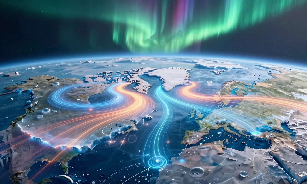 View from space of the North Pole. Hyperborea is partially hidden by ice, but over it are layers of visualization of energy flows: translucent waves, vortices, and lines colored…