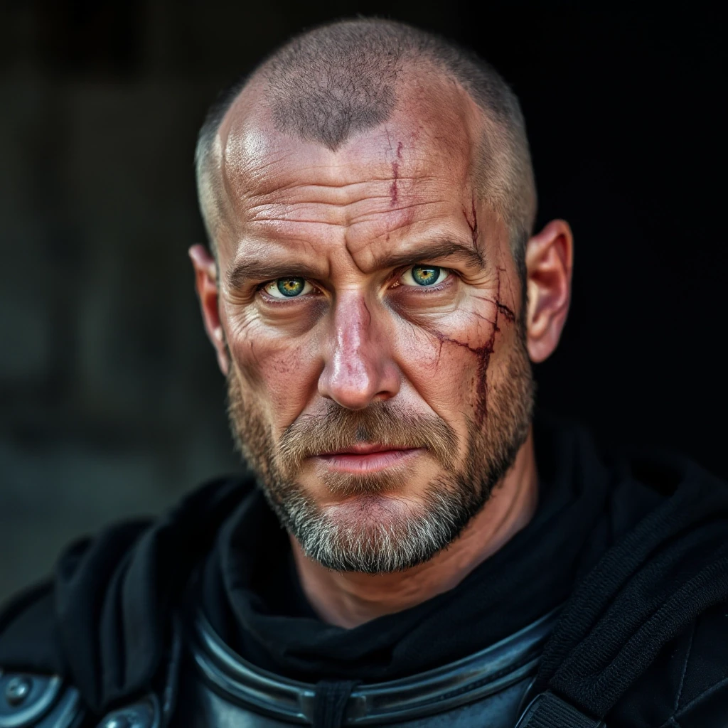 A middle-aged man with a calm gaze of green eyes, dressed in a crusader's uniform with black armor. He has scars on his face from the past. He doesn't have a beard and…