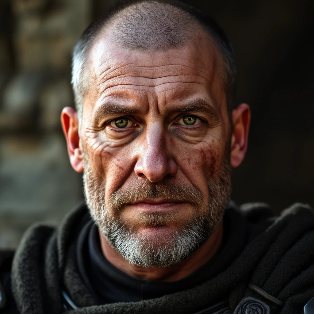 A middle-aged man with a calm gaze of green eyes, dressed in a crusader's uniform with black armor. He has scars on his face from the past. He doesn't have a beard and…