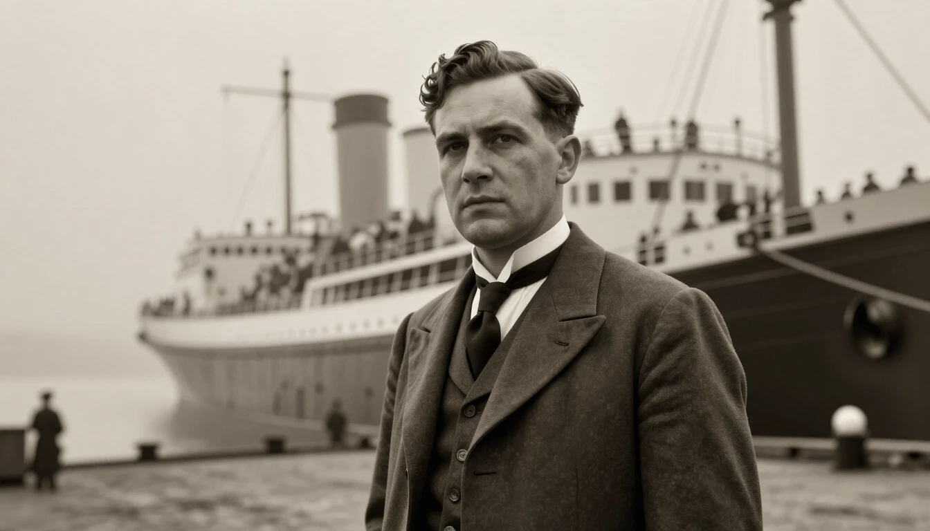 Aged 1940s passport photo style portrait, man boarding ship to South America, moody sepia tone, dockside fog — работа пользователя Необыкновенный Фенрир