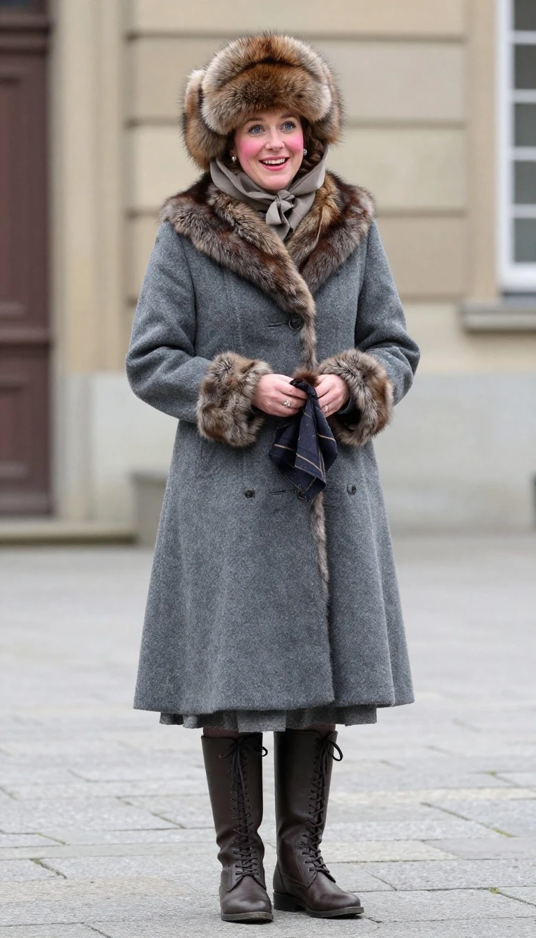 A gray cloth skirt that reached to the middle of the shin was visible from under a fitted coat trimmed with squirrel fur. On the Empress's head was a round fur cap, slightly…