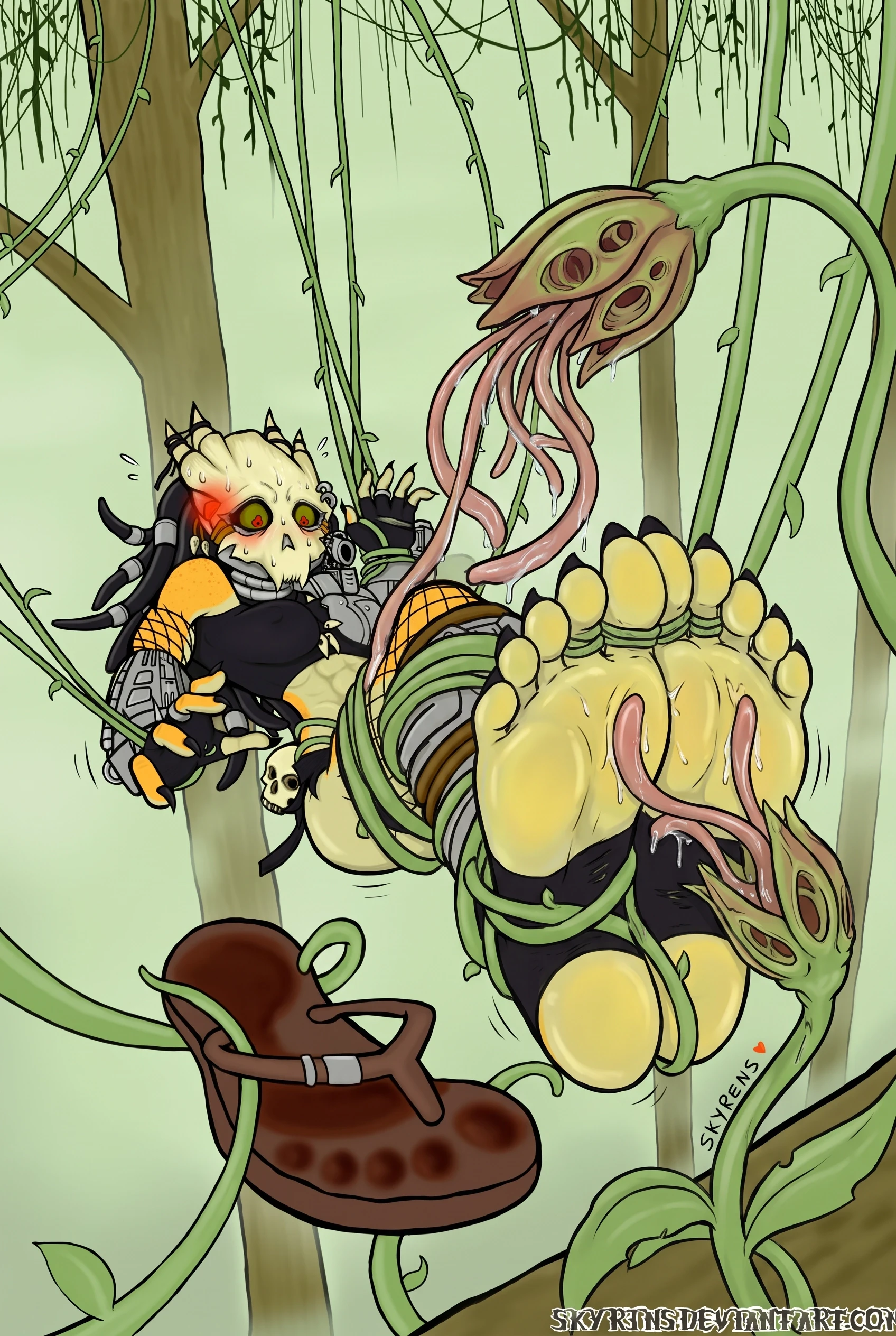 A vine bound her legs together, pressing the soles of her feet tightly against one another. Another vine coiled around her big toes, tying them firmly together. Meanwhile, an…