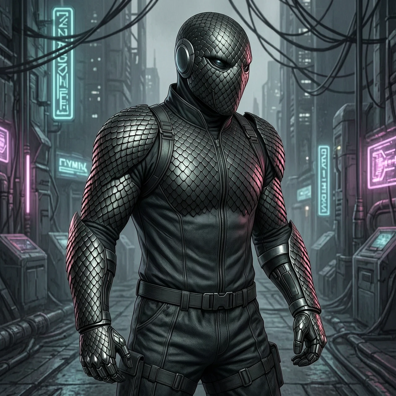 A sci-fi cyber-assassin character concept art. Wearing a dark tactical fabric stealth suit. Both arms are completely covered from shoulders to fingertips in an advanced…