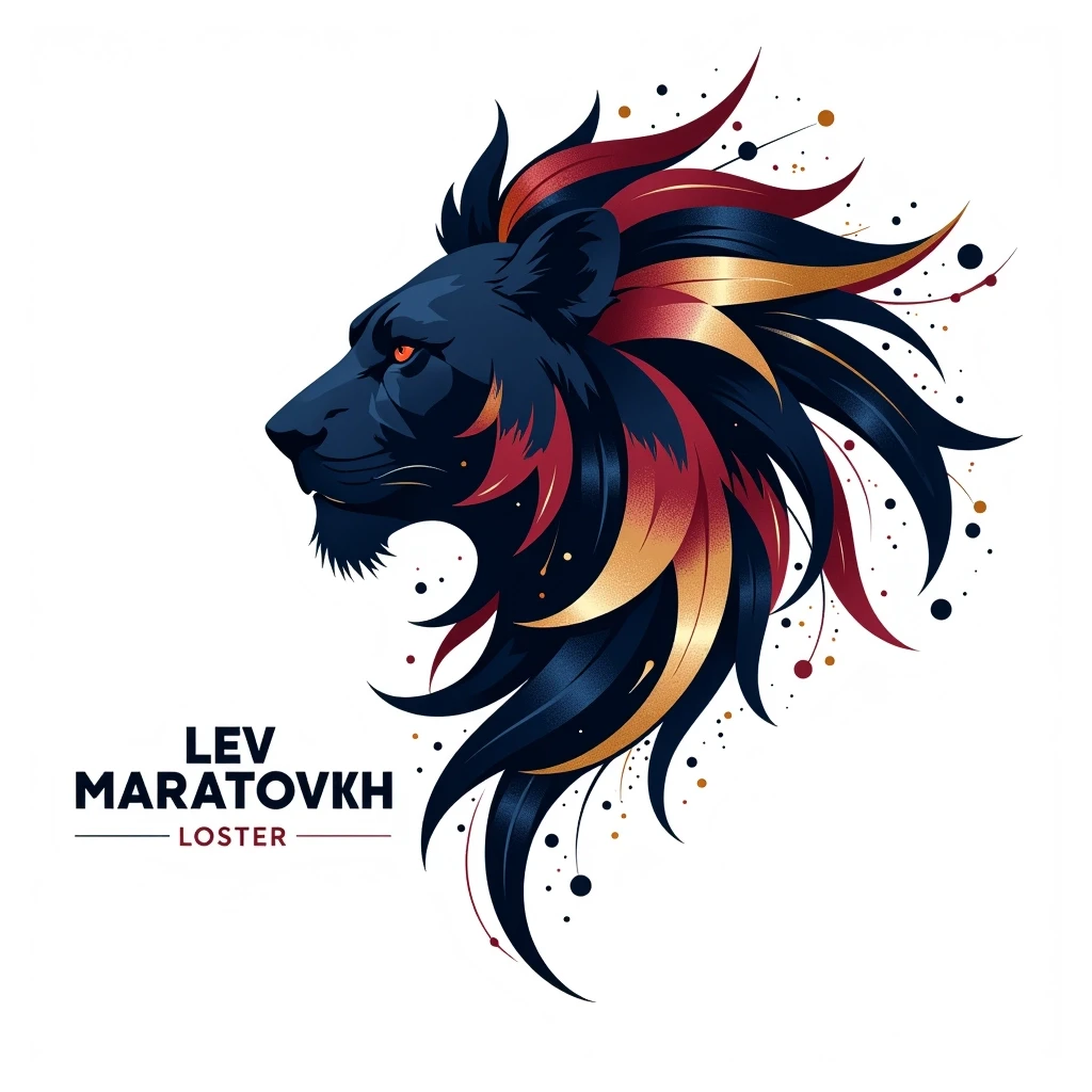 Artistic abstract logo for “Лев Маратович” in artcy vibe: dynamic composition of flowing brushstroke shapes and sharp geometric cuts that together suggest a lion’s silhouette or…