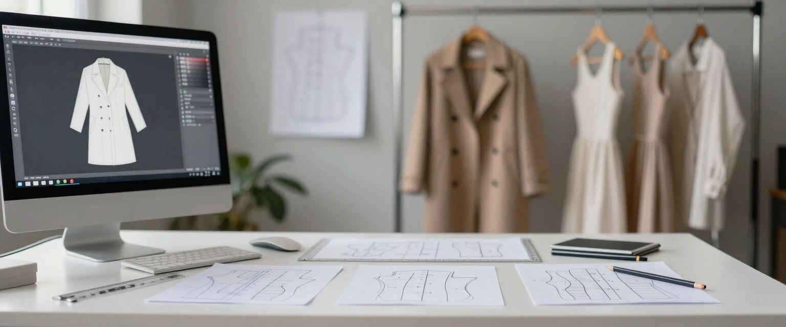 Photorealistic, frontal view of a clothing pattern design bureau. Foreground: a matte white desk with neatly arranged paper sewing patterns, transparent plastic drafting rulers…