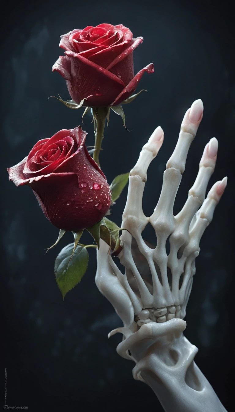 Masterpiece. best quality. Epic. cinematic. Award winning. Ultra detailed. dramatic. attention-grabbing. challenge winning. A skeletal hand delicately holds a single, perfect…