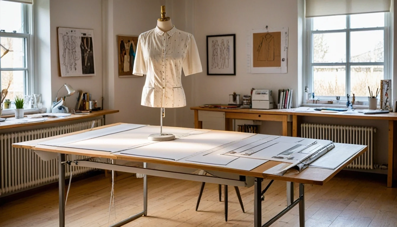 Realistic photo, interior of a clothing pattern design bureau. Front view, medium-wide shot. Foreground: a large white table with a wooden edge. Spread out on the table are…