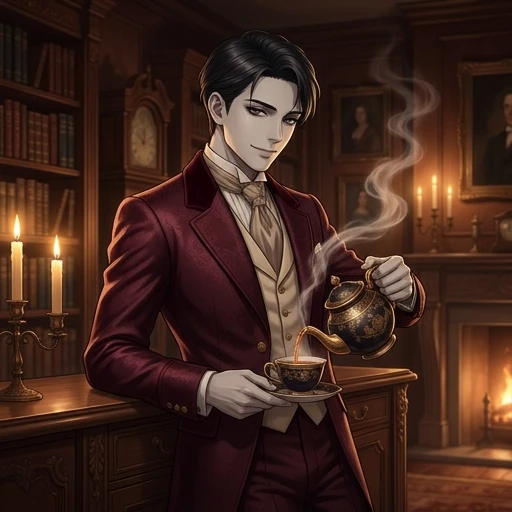 A high-quality anime-style illustration depicting a young man with noticeably ash-pale skin and a refined appearance, dressed in an exquisite Victorian-era suit custom-made from…