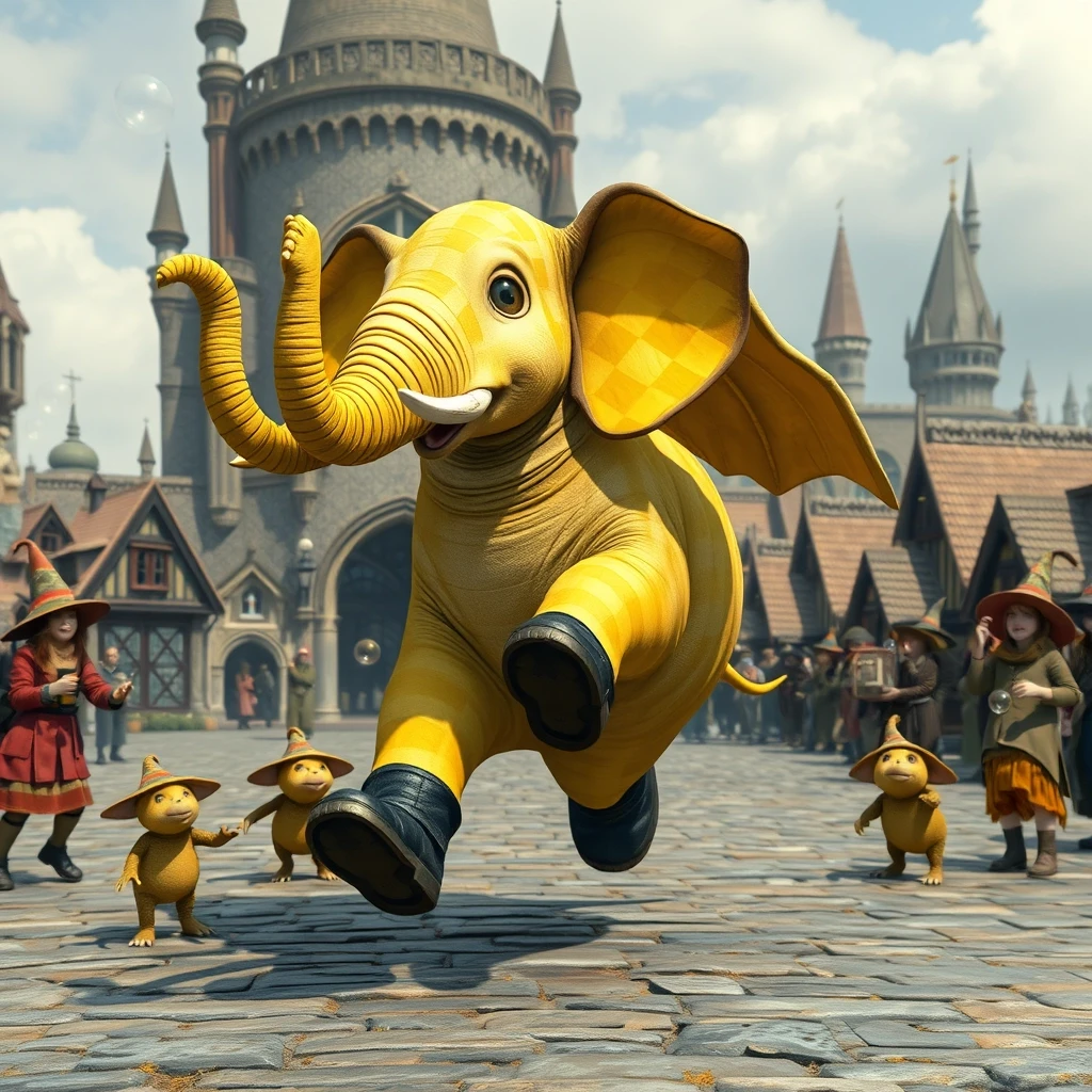 A huge yellow checkered elephant with leather wings is joyfully jumping on the stone pavement in black boots, surrounded by floppy-eared creatures in pointed hats blowing soap…