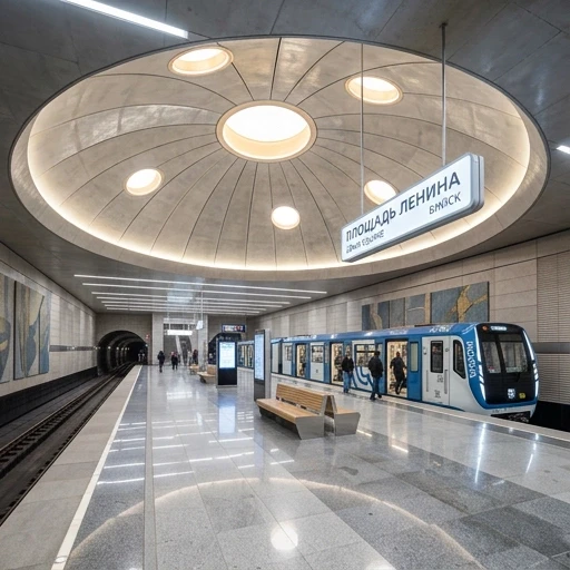 Сделай красивый и Современный проект для станции метро площадь Ленина в Бийске, которая должна быть с широкой островной платформой и односводчатой с пологим сводом, а на одном…