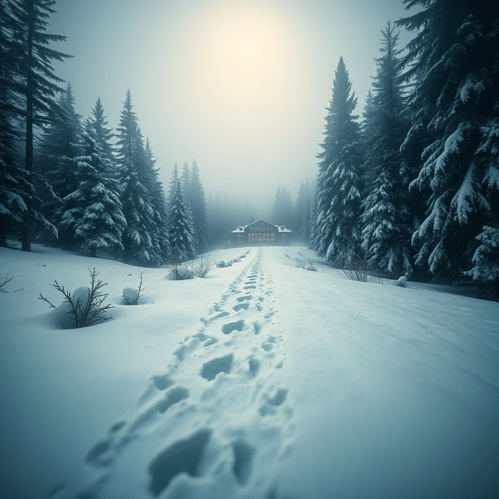 narrow snow-covered path leading toward a remote mountain hotel, abandoned footprints disappearing into fresh snow, towering pine trees, thick fog, suspenseful atmosphere,…