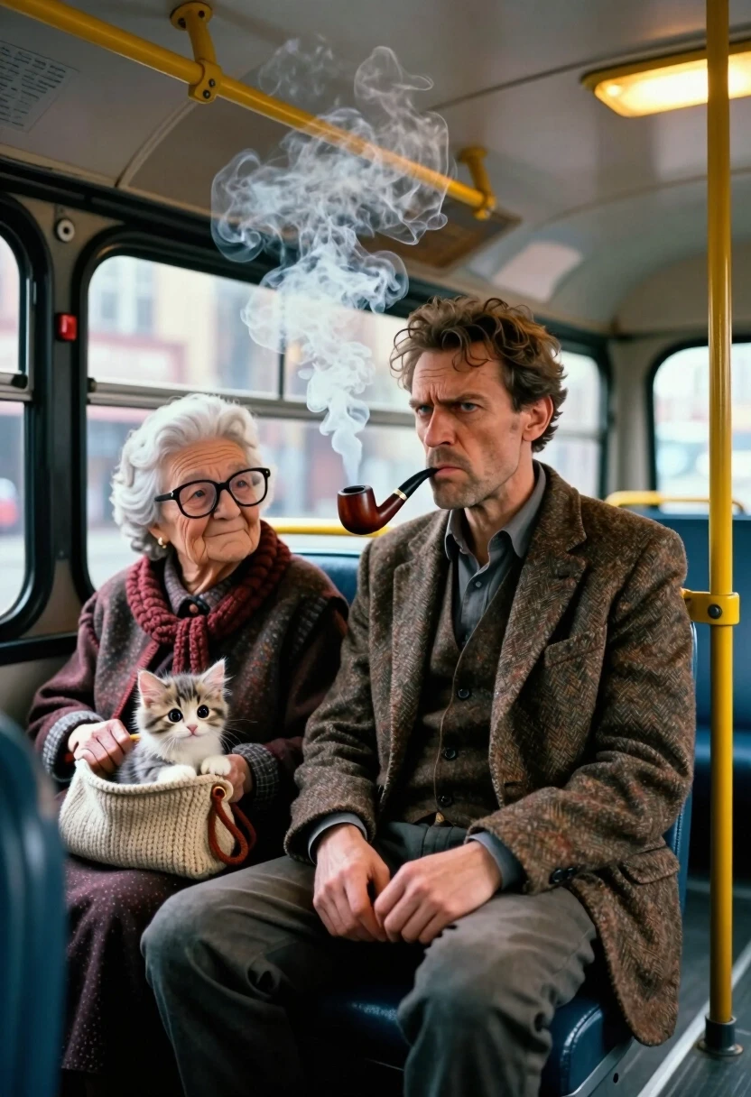 A stunning 8k 3D stylized shot inside a vintage city bus. A middle-aged man with a grumpy but charismatic face is sitting in a seat, puffing on a classic wooden tobacco pipe; a…