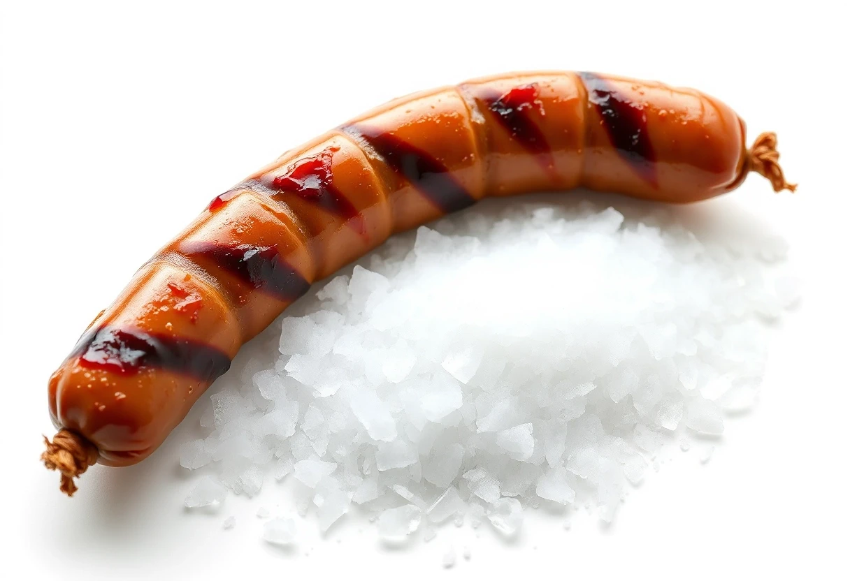 An award-winning, professional-grade photograph set against a pristine white background. A true masterpiece—exquisitely beautiful. A stick of smoked sausage rests atop a bed of…