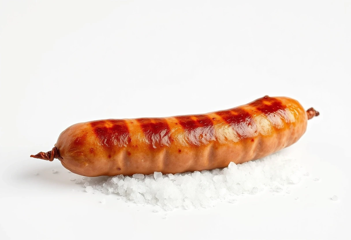 An award-winning, professional-grade photograph set against a pristine white background. A true masterpiece—exquisitely beautiful. A stick of smoked sausage rests atop a bed of…
