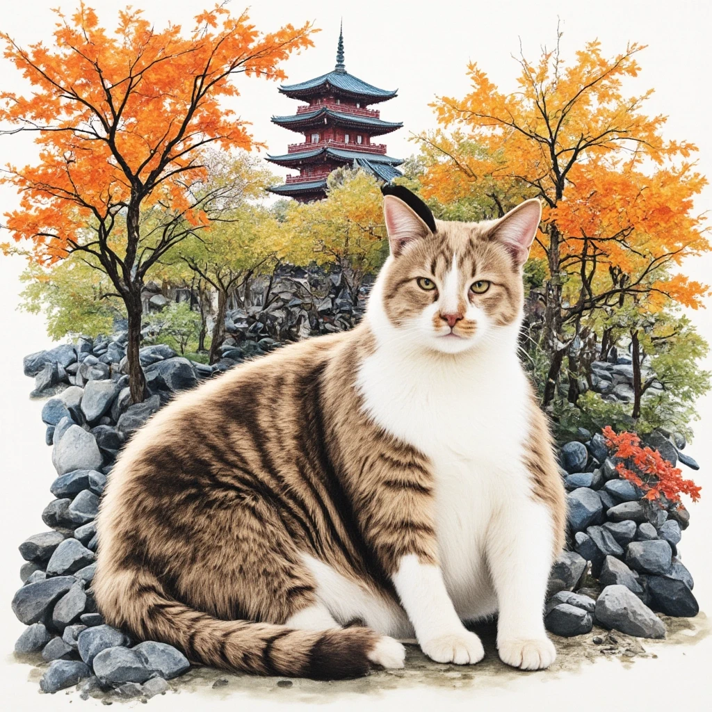 A masterpiece. The painting is done in watercolors. (Double exposure:1.8). (Portrait of a fabulously beautiful cat:1.8). In the background, there are views of Japan at that…