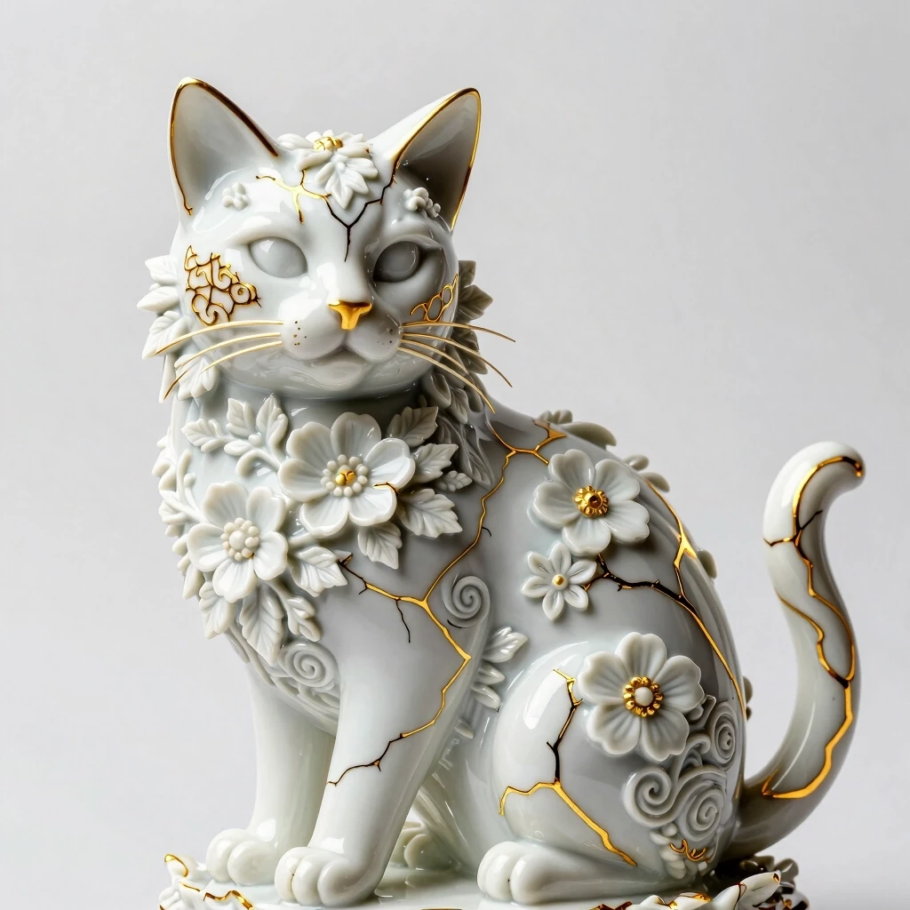 Digital image in Baroque and rocaille style with elements of kintsugi technique. Close-up. Decorative sculpture made of white porcelain: 1.5. Golden cracks. Volume. The Persian…
