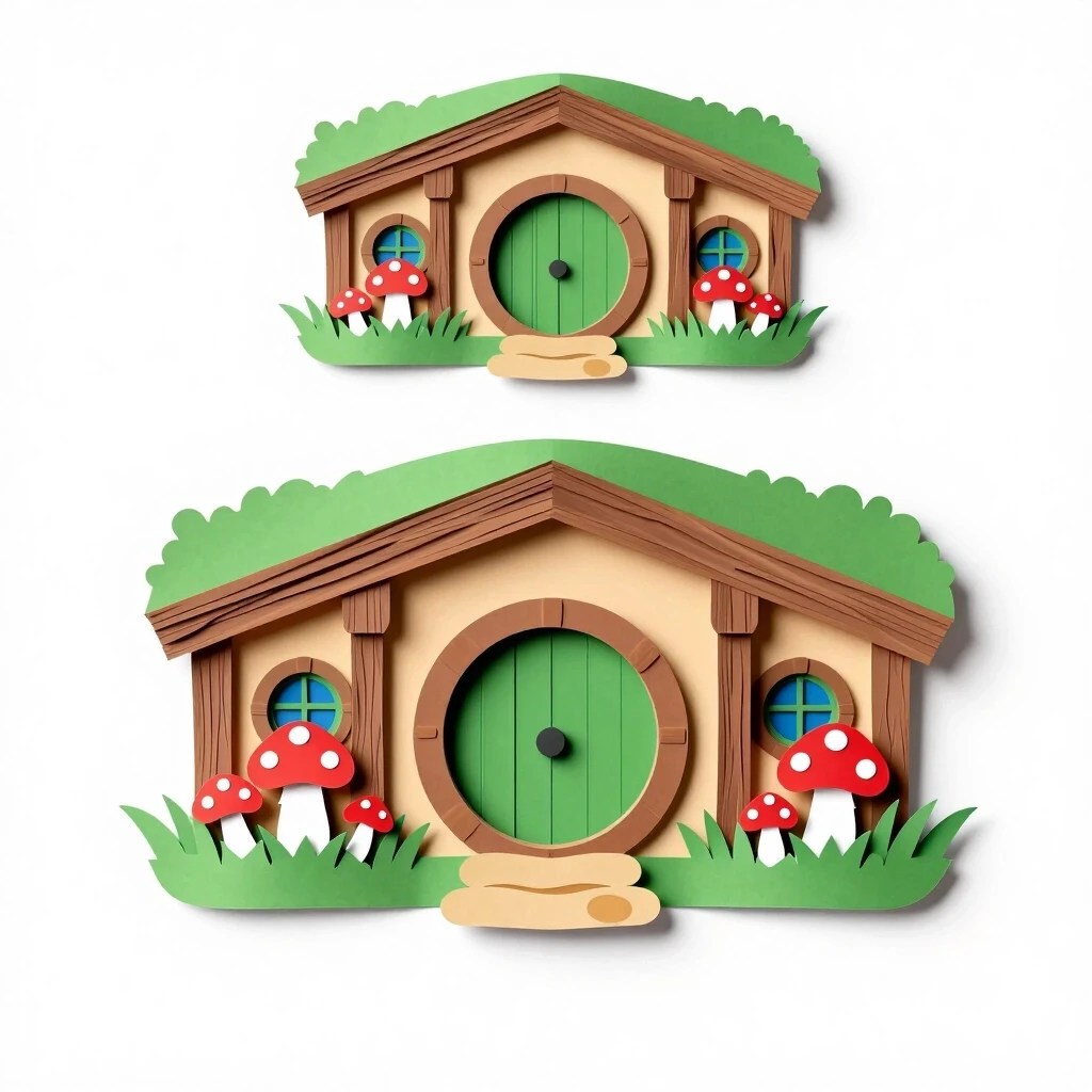 Cozy hobbit house with round green door, surrounded by mushrooms and flowers, multi-layered paper art style papertol, five distinct separated layers, clean sharp contours,…