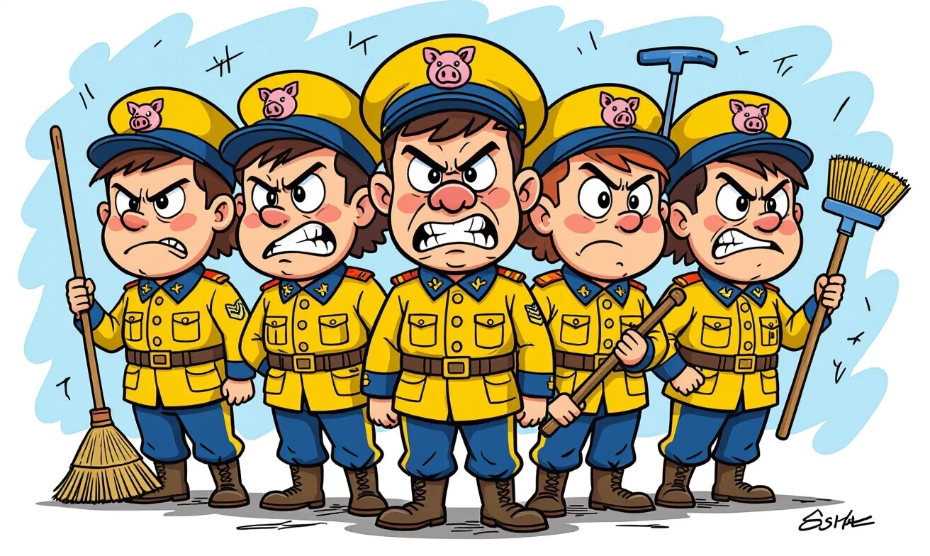 Teenagers with angry, stupid faces, in yellow and blue military uniforms, wearing military caps with pig-head cockades on their heads, holding brooms and plungers in their…