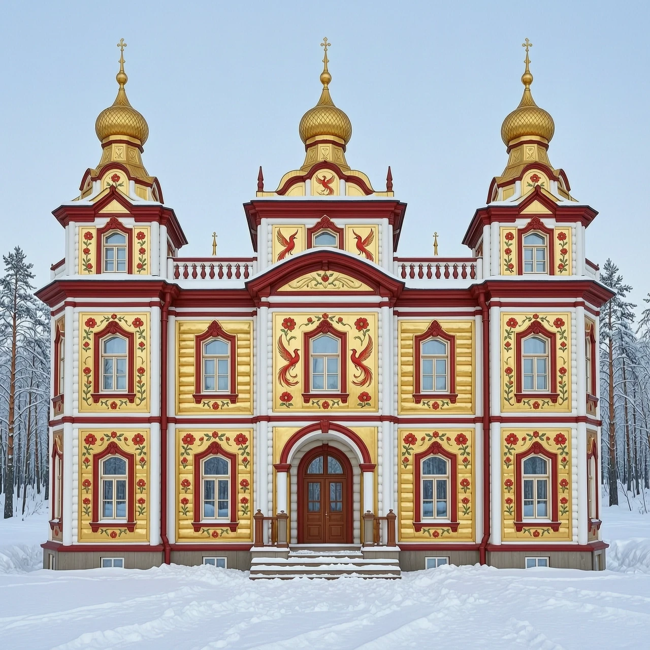 create a drawing of the Tower, the royal estate, 2 floors, with towers, kokoshniks, scarlet flowers and firebirds on porcelain tiles, carved columns, a lot of colored paintings…