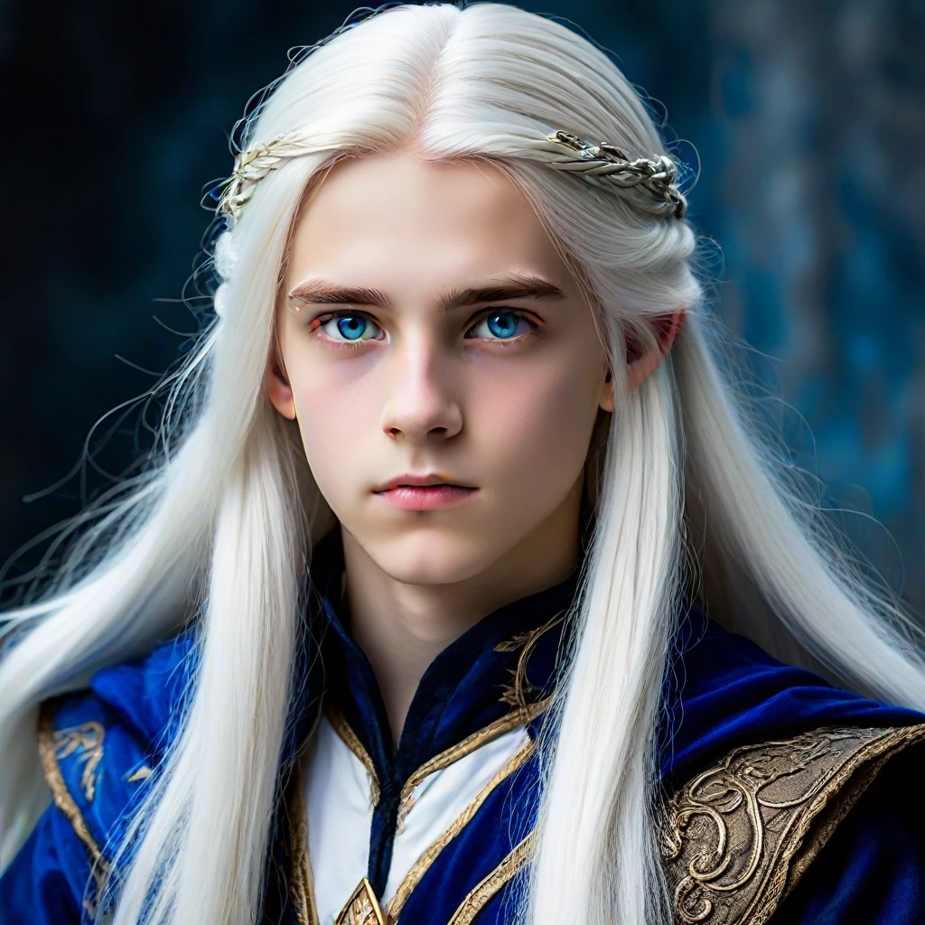 A 14-year-old boy with long, flowing white hair and blue eyes. He is serious and dressed in a fantasy costume. Illustration. Attention to detail. — работа пользователя Пряный…