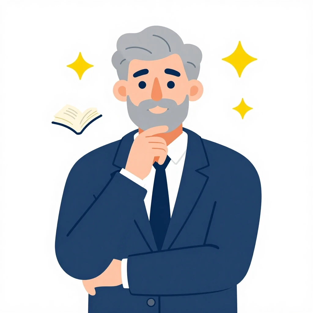 Modern flat vector illustration. A male professor from the waist up with wavy grey hair and a neat beard. Large nose, dot eyes, a wise half-smile. Wearing a classic dark blue…