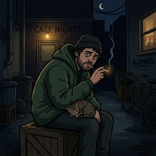 simplified sharp 2d drawing style. full-face camera angle. At night, a man in a big jacket is sitting in an alley in the backyard of a cafe. the man is about 27-30 years old, he…