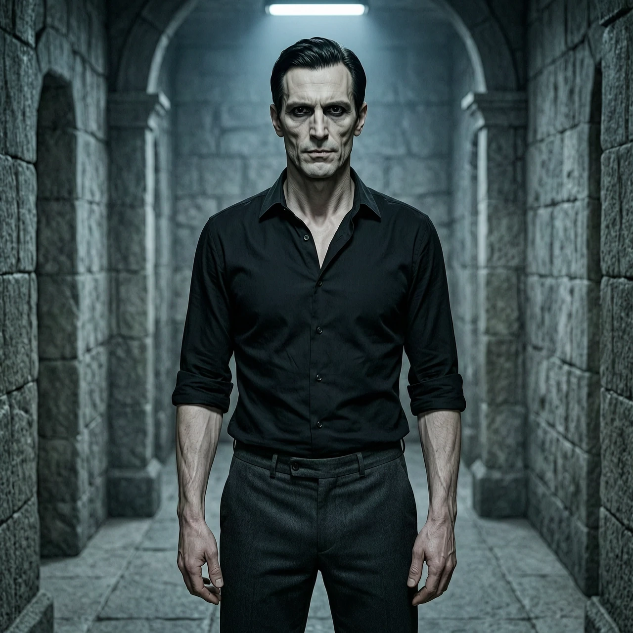 A realistic portrait of a tall, lean man in his late 30s. Dark fantasy modern setting. He has sharp, angular features — high cheekbones, a straight nose, thin lips. His skin is…
