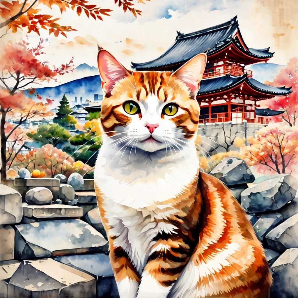 A masterpiece. The painting is done in watercolors. (Double exposure:1.8). (Portrait of a fabulously beautiful cat:1.8). In the background, there are views of Japan at that…