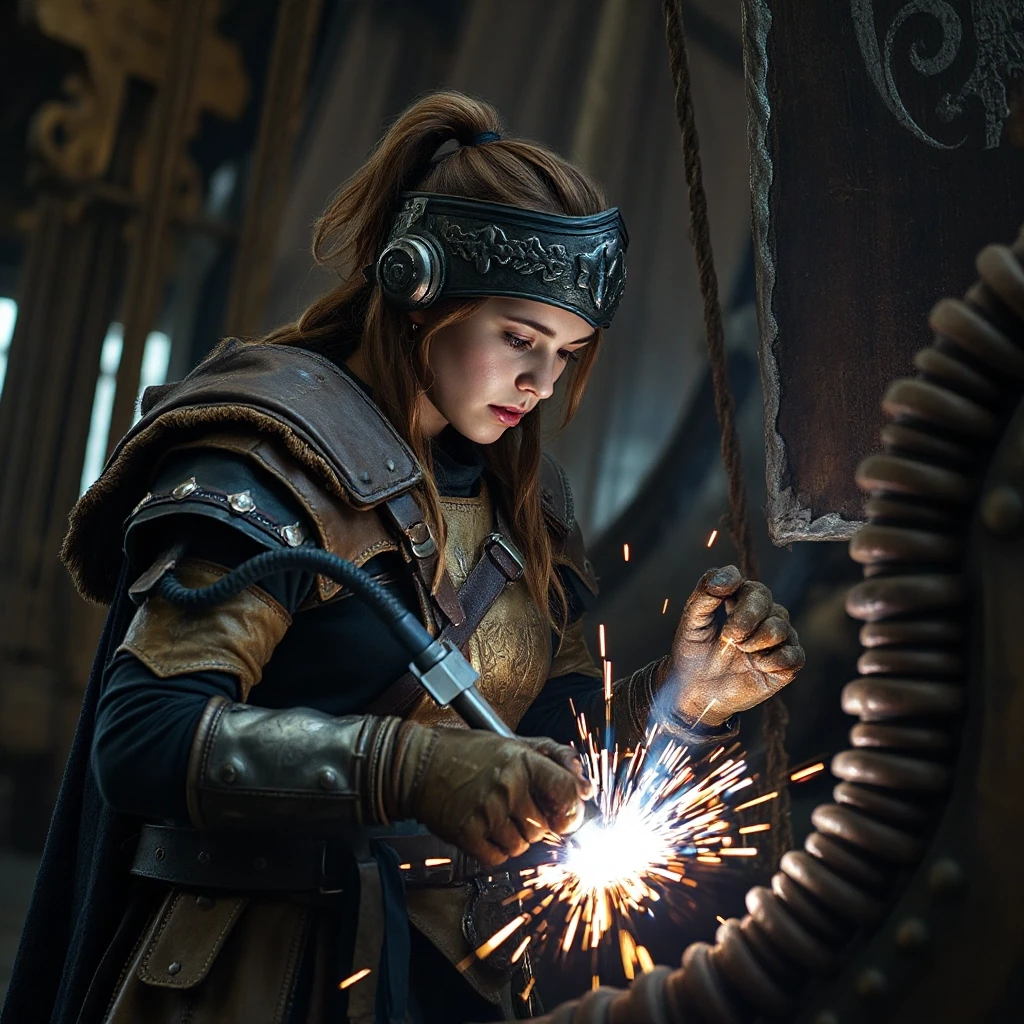 strong female warrior in a mix of ancient leather armor and modern welding gear, skillfully welding a crack in a massive, ornate Viking longship. Hyperrealistic, cinematic…