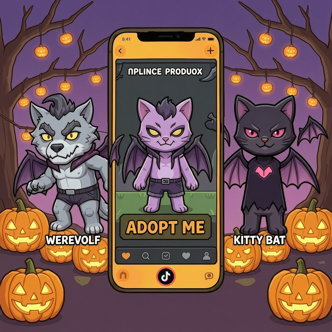 сгенерируй арт в стиле хэллоуина для аккаунта в tiktok по плейсу adopt me в roblox. можешь добавить на него таких петов, как werewolf, evil, kitty bat — работа пользователя…
