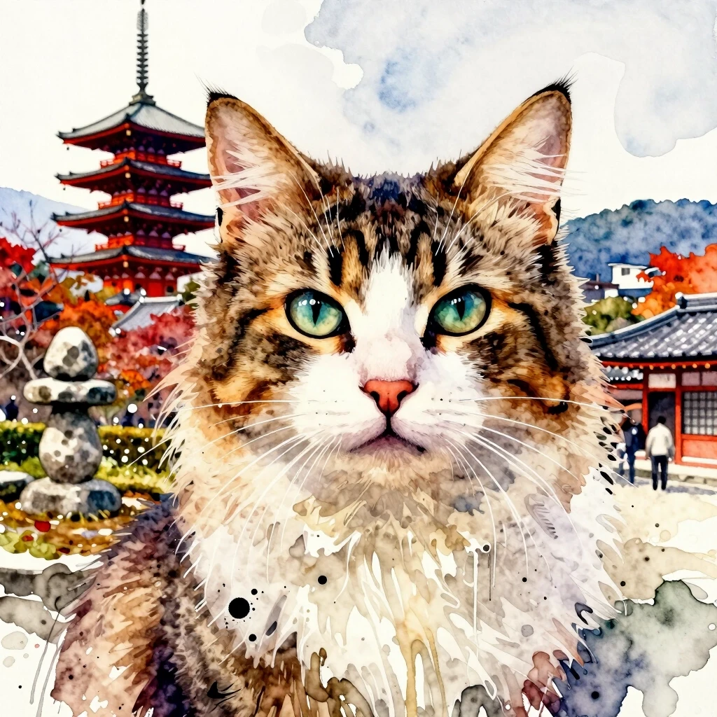 A masterpiece. The painting is done in watercolors. (Double exposure:1.8). (Portrait of a fabulously beautiful cat:1.8). In the background, there are views of Japan at that…