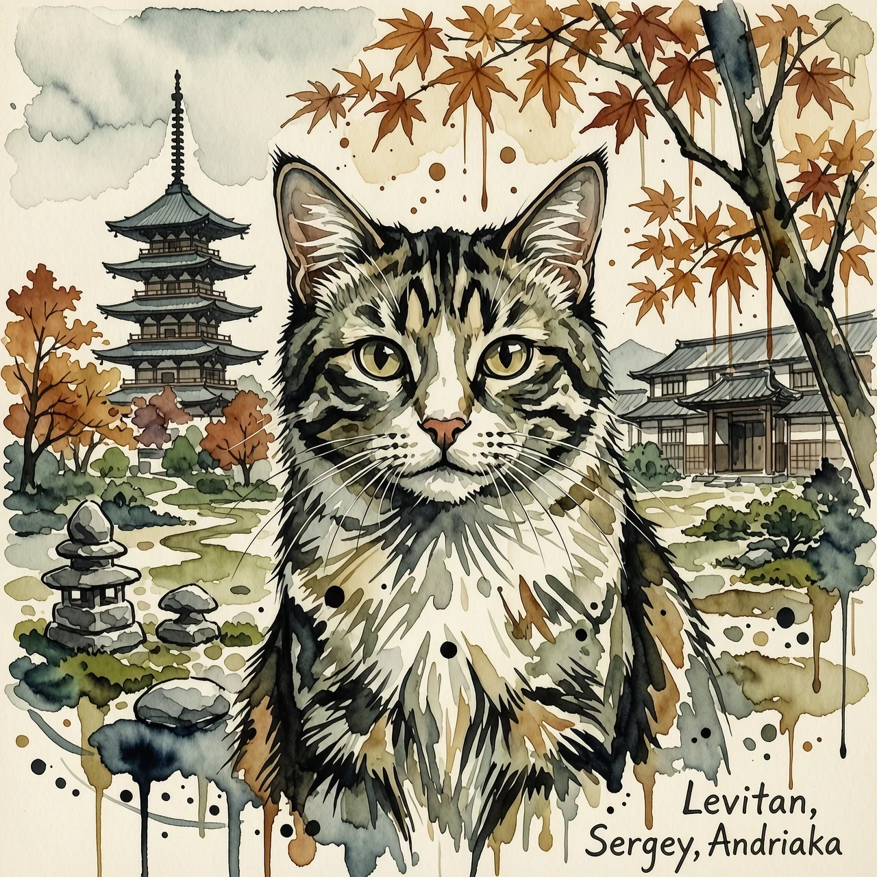 A masterpiece. The painting is done in watercolors. (Double exposure:1.8). (Portrait of a fabulously beautiful cat:1.8). In the background, there are views of Japan at that…