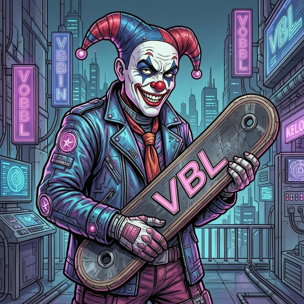 Нарисуй Клоуна в стиле cyberpunk, которы держит в руках биту с надписью VBL — работа пользователя Настоящий Голиаф