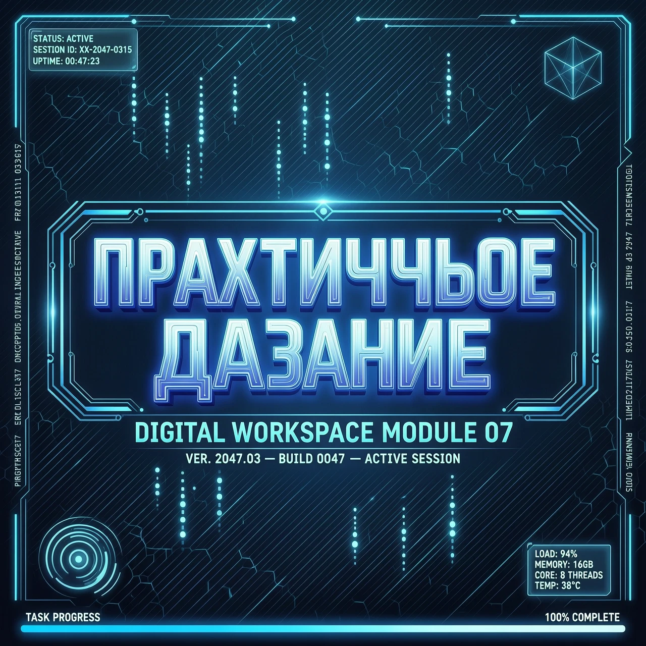 Надпись "Практическое задание", в синих тонах футуристический стиль — работа пользователя Интригующая Пыль