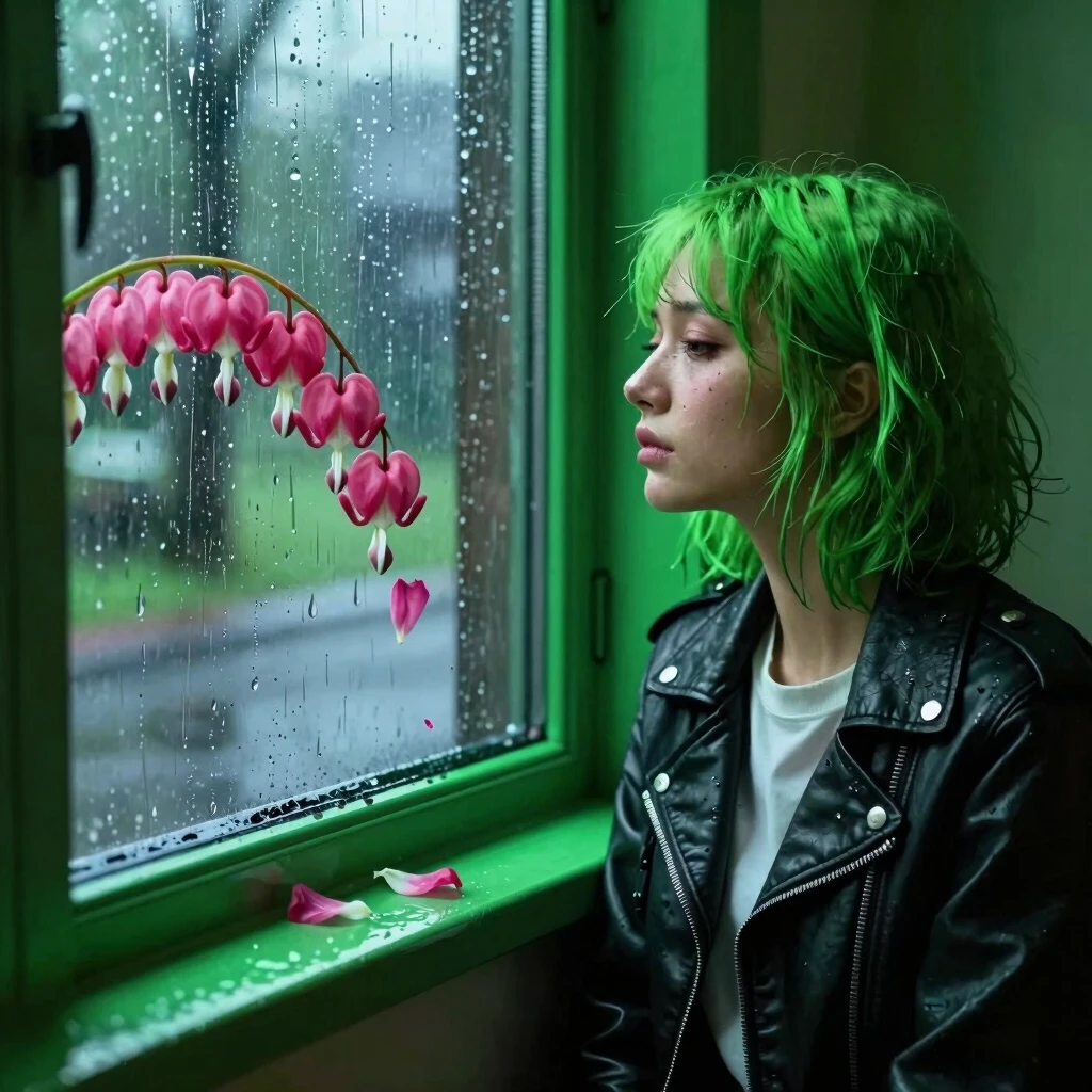 A girl with green hair in a black leather jacket sadly looks out the window, it is raining outside, there is a dim neon green light in the room, a flower stands on the window,…