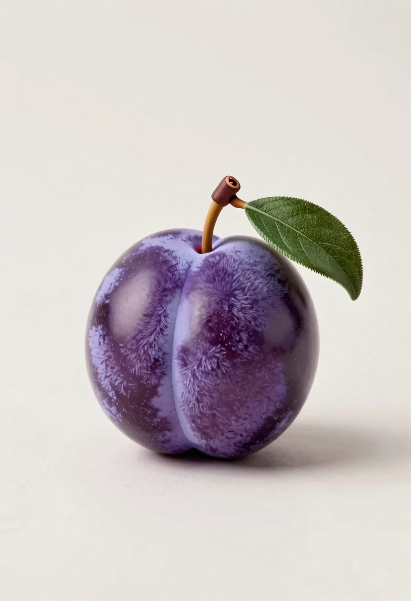 Create a hyperrealistic image in a [3:4] aspect ratio. The main subject is indigo plum fruit, which should be a plush toy with soft, stylish fur, while all other parts like the…