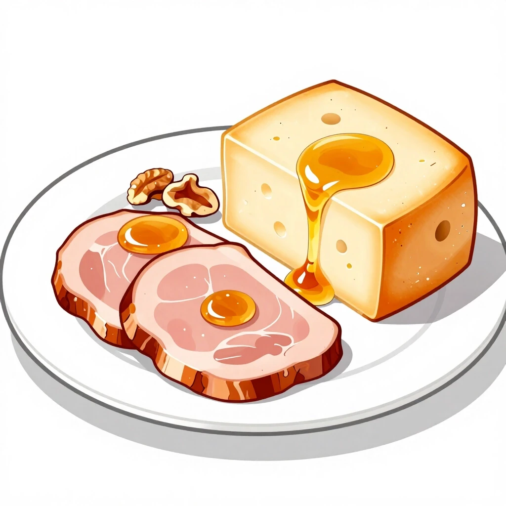 scetch of sliced meat and cheese with honey and nuts on a plate — работа пользователя Роскошный Порыв