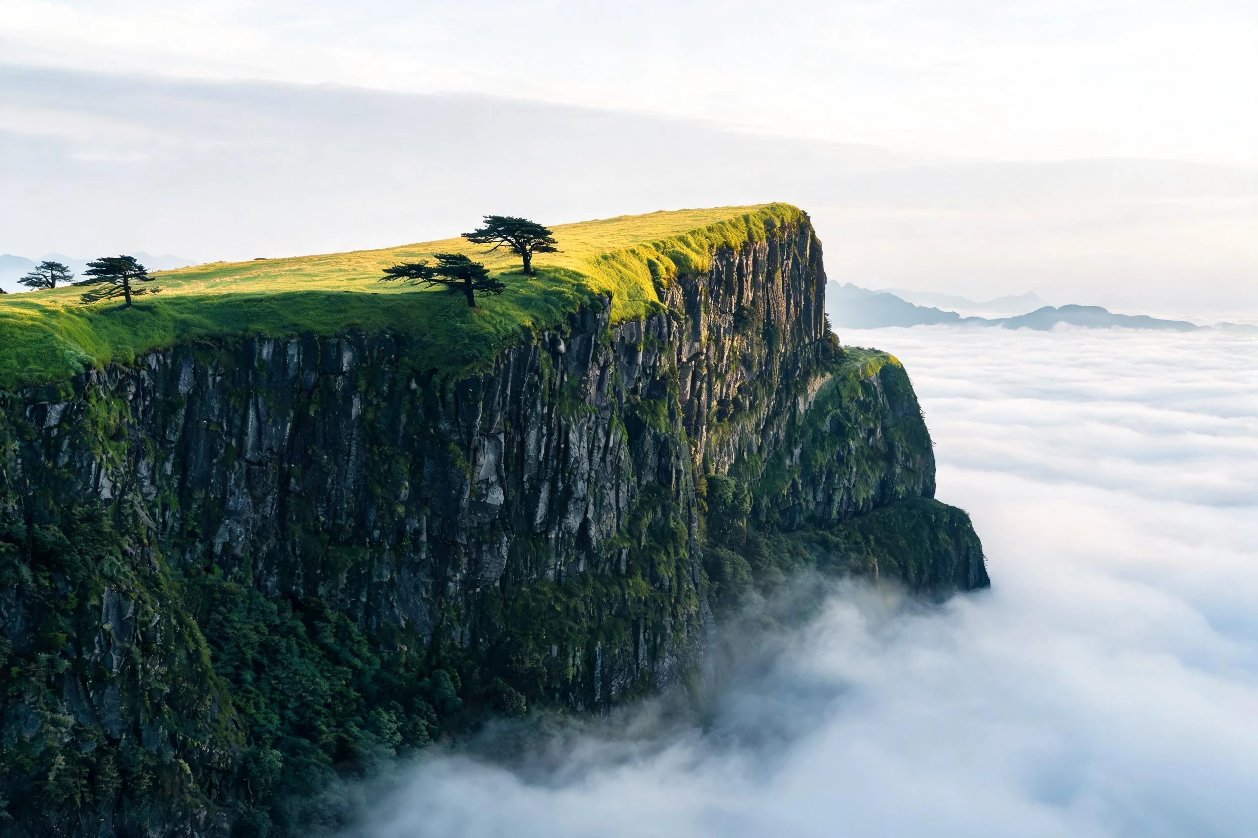 One enormous green mountain escarpment rises above a continuous sea of pale clouds, its vertical rock face occupying most of the composition and creating a single dominant…