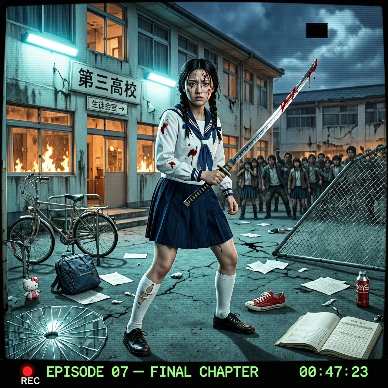 19 yo,school uniform girl ,hand katana, preparation for battle zombies,vhs retro game, fighting vs zombies, Japanese horror action,trailer movie , realistic version — работа…