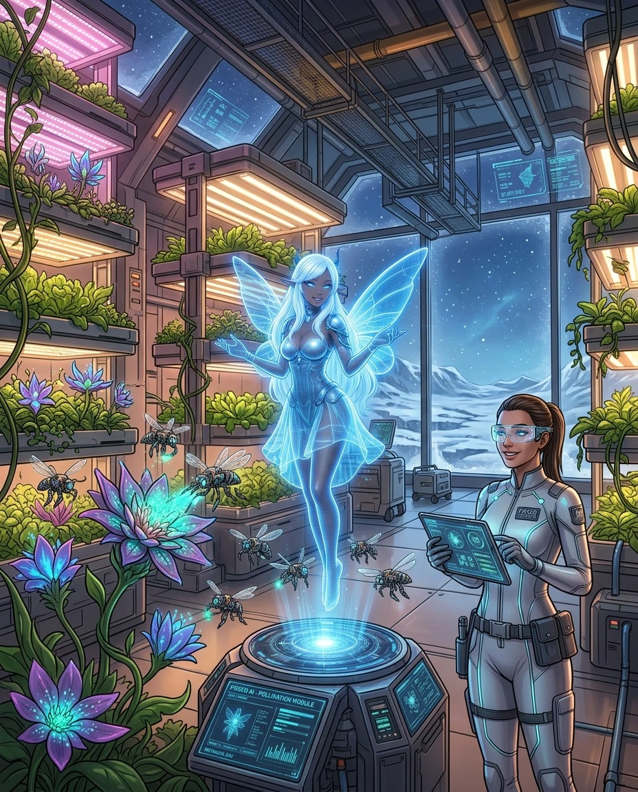A detailed sci-fi concept art of a futuristic botanical greenhouse inside the Frisco Research Bay. Inside is a lush oasis with vertical hydroponic farms, glowing alien flowers,…