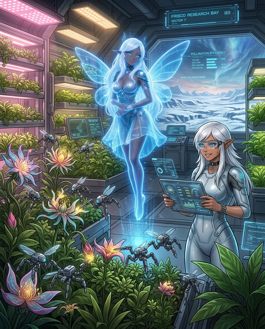 A detailed sci-fi concept art of a futuristic botanical greenhouse inside the Frisco Research Bay. Inside is a lush oasis with vertical hydroponic farms, glowing alien flowers,…