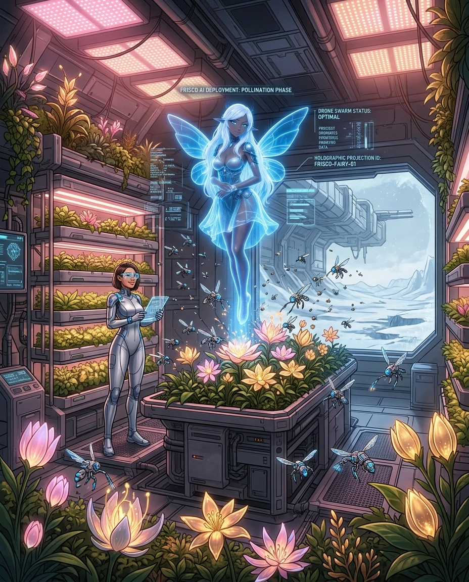 A detailed sci-fi concept art of a futuristic botanical greenhouse inside the Frisco Research Bay. Inside is a lush oasis with vertical hydroponic farms, glowing alien flowers,…