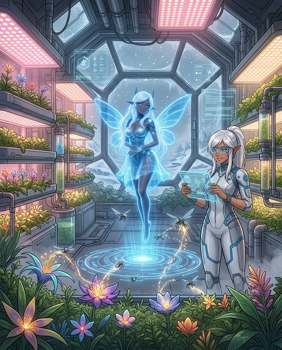 A detailed sci-fi concept art of a futuristic botanical greenhouse inside the Frisco Research Bay. Inside is a lush oasis with vertical hydroponic farms, glowing alien flowers,…