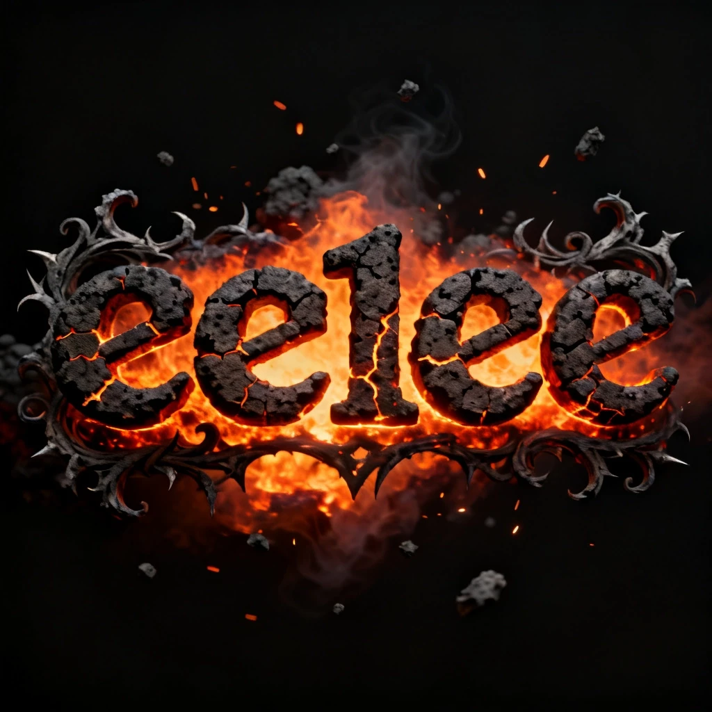 Cinematic smoldering charcoal and glowing ember title text in Russian: "ее1ее" with intricate gothic-inspired ash-covered curlicues and sharp, crackling charcoal…